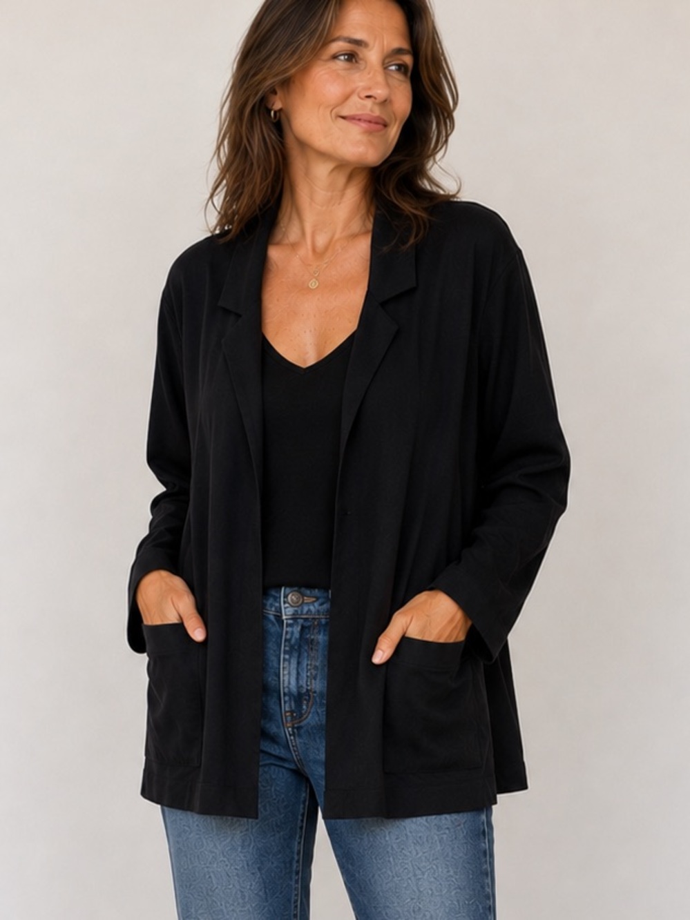 Eileen Fisher System Open Front Notch Collar Jacket Cardigan Blazer Black XL/1X